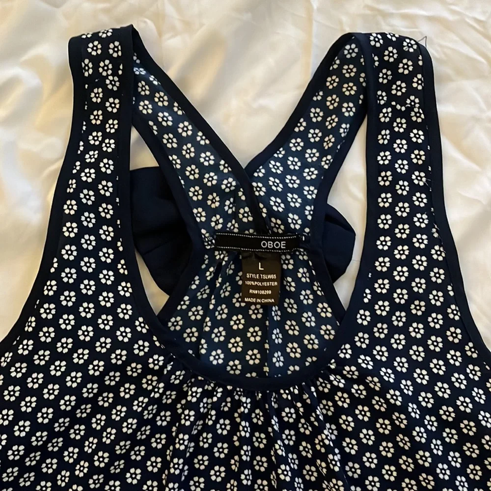 Dark Blue Floral Top with Bow on back - Picture 2 of 5